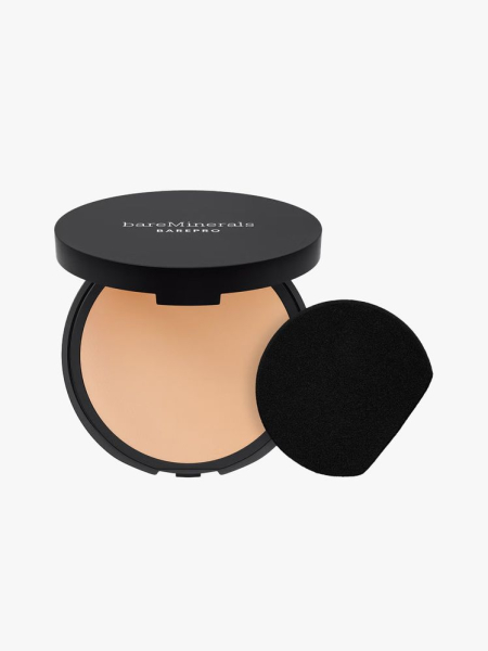 BareMinerals BarePro 24HR Skin-Perfecting Powder Foundation in branded component on a light gray background