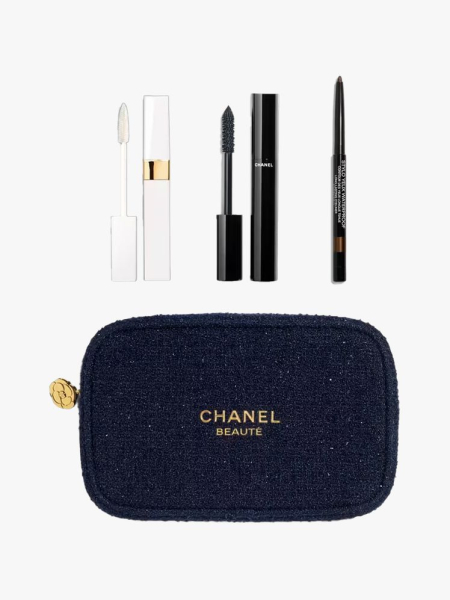 Chanel Eyes to Impress Makeup Set in multiple branded components on a light gray background