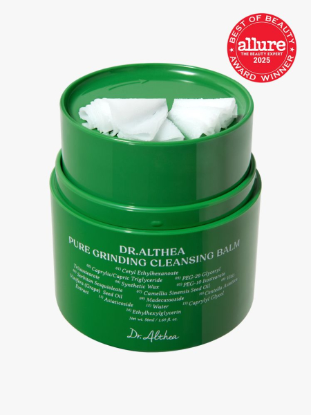 Dr. Althea Pure Grinding Cleansing Balm green twisting jar on cleansing balm on light gray background with red Allure Best of Beauty seal in the top right corner