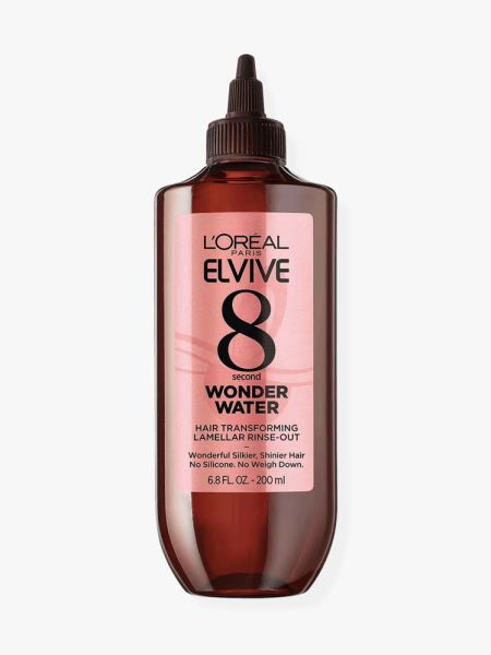 L’Oreal Paris Elvive 8 Second Wonder Water Lamellar Hair Treatment in branded amber bottle with applicator cap on light gray background