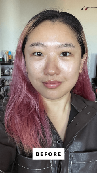 A selfie of Allure commerce editor Sarah Han before using the Danessa Myricks Beauty Yummy Face 2.0 Teardrop Kabuki...